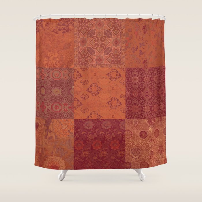 Vintage Bohemian Quilt in Burnt Orange Shower Curtain Gallery Image 1