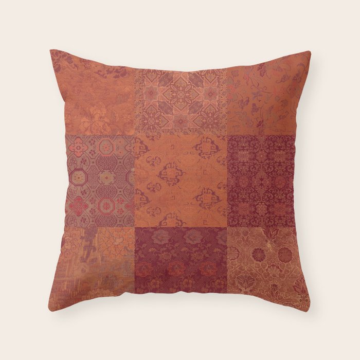 Vintage Bohemian Quilt in Burnt Orange Throw Pillow Gallery Image 1
