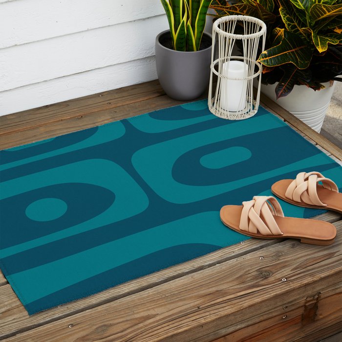 Mid Century Modern Piquet Abstract Pattern Blue Teal Outdoor Rug Gallery Image 2