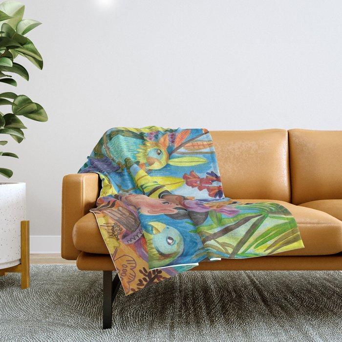 Woman and her parrots Throw Blanket Gallery Image 1