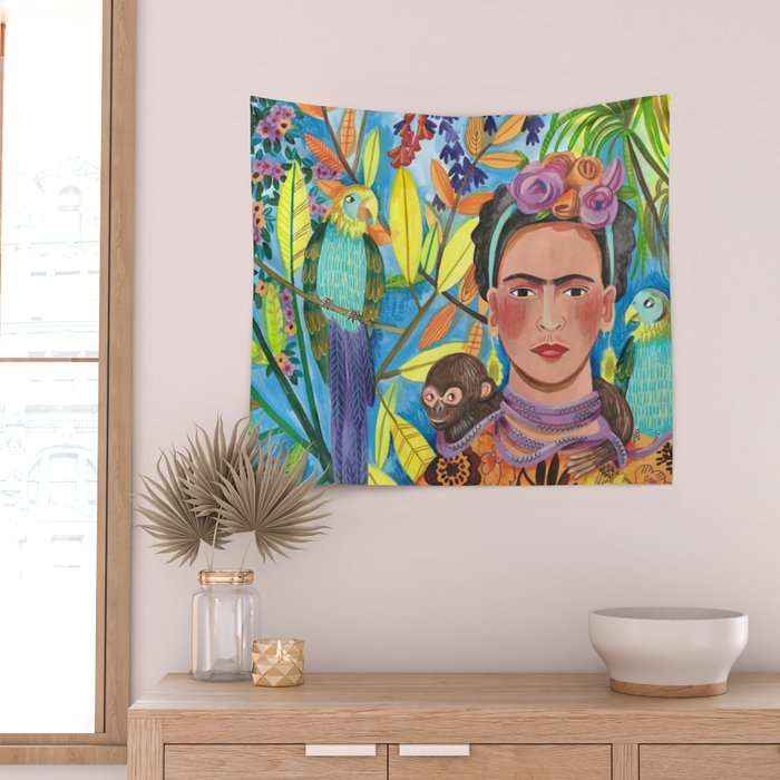 Woman and her parrots Wall Tapestry Gallery Image 2