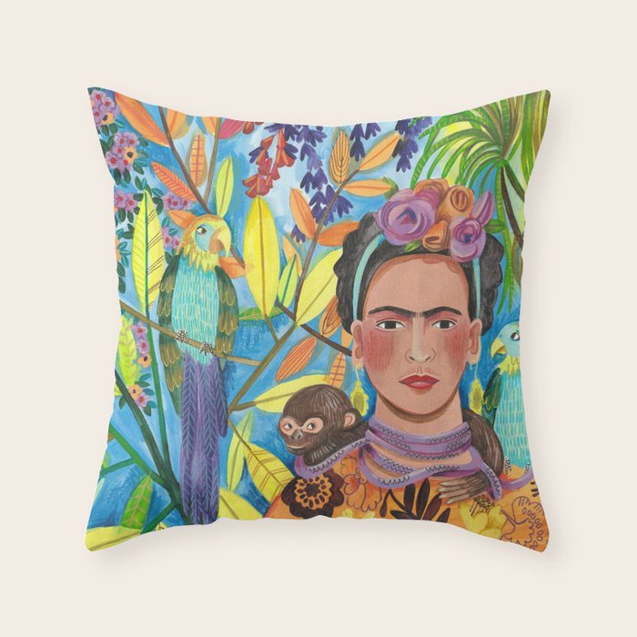 Woman and her parrots Throw Pillow Gallery Image 1