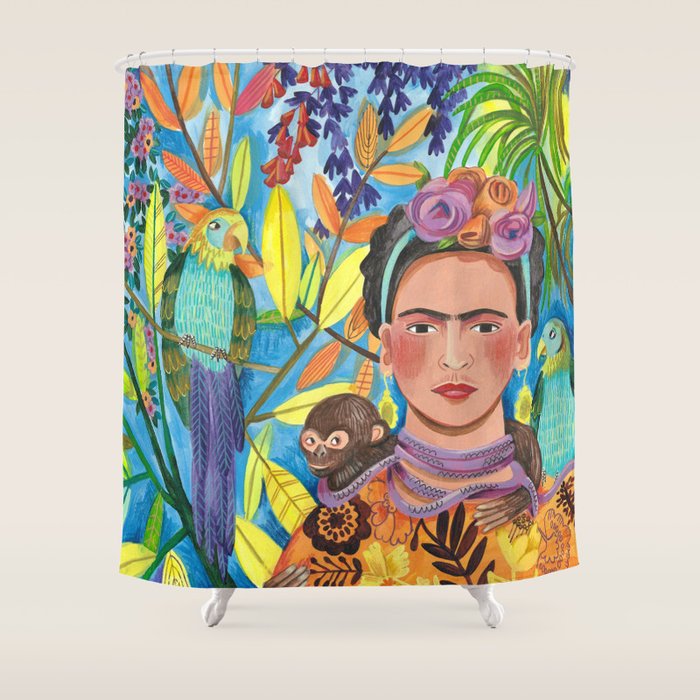 Woman and her parrots Shower Curtain Gallery Image 1