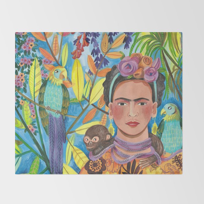 Woman and her parrots Throw Blanket Gallery Image 2