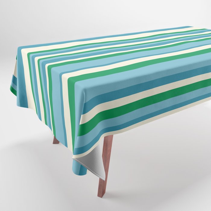 Classic Stripes XXVII - Beachy Blue and Green Tablecloth Gallery Image 1