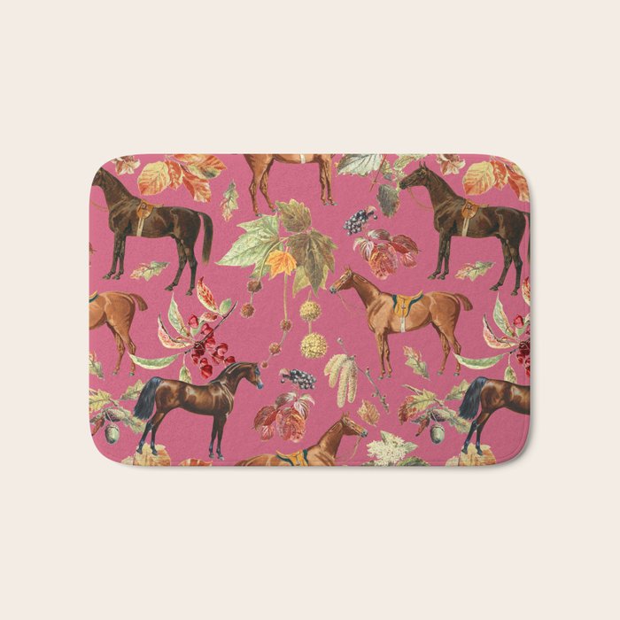 HORSES and Forest Plants on the Raspberry Pink Background  Bath Mat Gallery Image 1