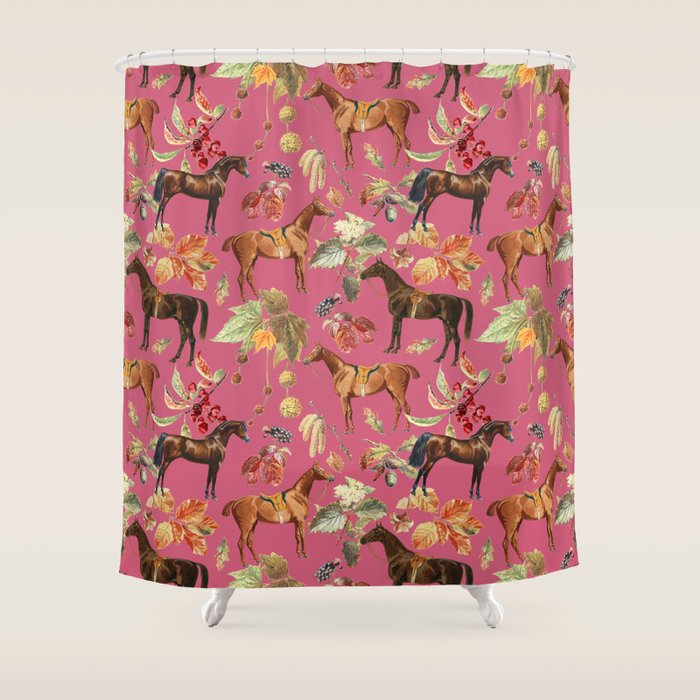HORSES and Forest Plants on the Raspberry Pink Background  Shower Curtain Gallery Image 1
