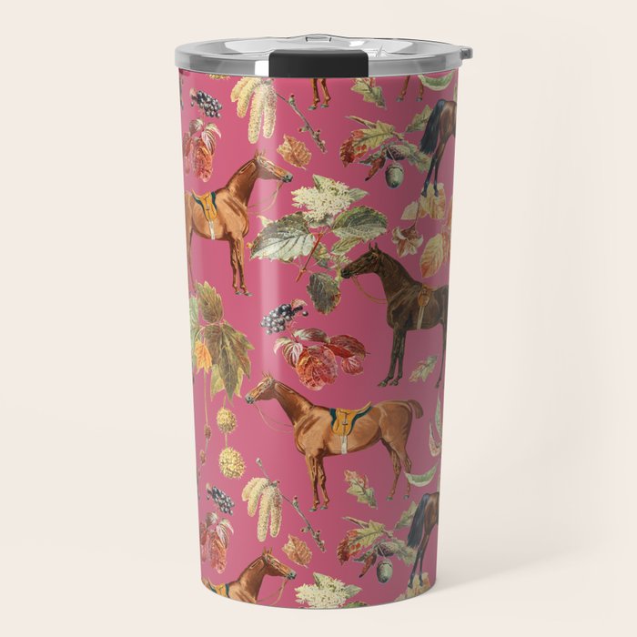 HORSES and Forest Plants on the Raspberry Pink Background  Travel Mug Gallery Image 1