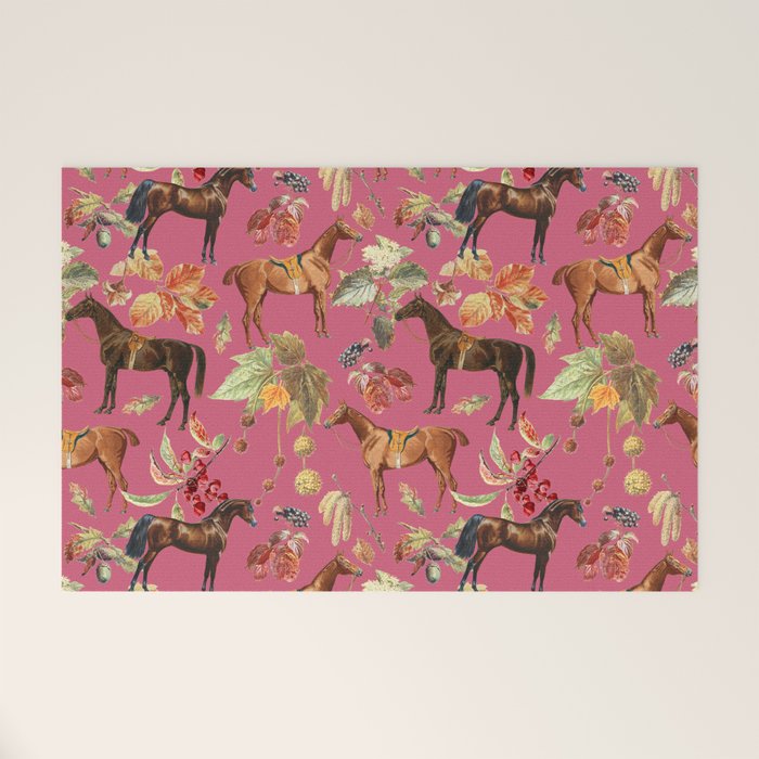 HORSES and Forest Plants on the Raspberry Pink Background  Welcome Mat Gallery Image 1