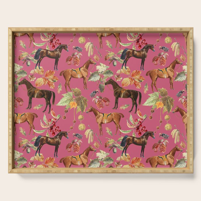 HORSES and Forest Plants on the Raspberry Pink Background  Serving Tray Gallery Image 1