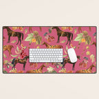 HORSES and Forest Plants on the Raspberry Pink Background  Desk Mat Gallery Image 1
