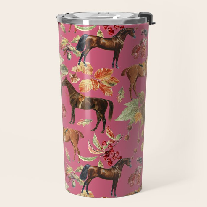 HORSES and Forest Plants on the Raspberry Pink Background  Travel Mug Gallery Image 2