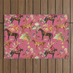HORSES and Forest Plants on the Raspberry Pink Background  Outdoor Rug Gallery Image 1