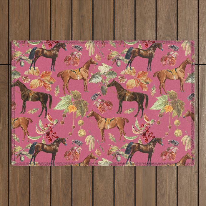 HORSES and Forest Plants on the Raspberry Pink Background  Outdoor Rug Gallery Image 1