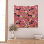 HORSES and Forest Plants on the Raspberry Pink Background  Wall Tapestry Gallery Image 2