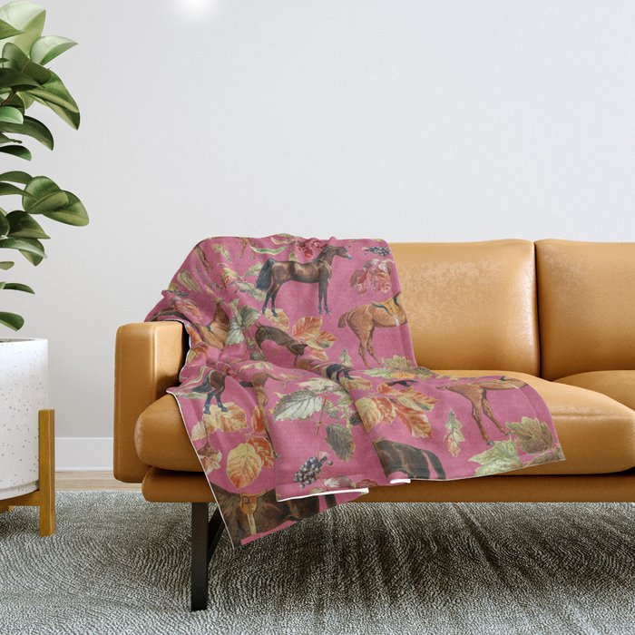 HORSES and Forest Plants on the Raspberry Pink Background  Throw Blanket Gallery Image 1