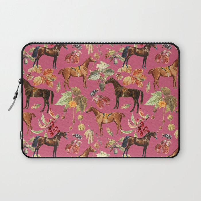 HORSES and Forest Plants on the Raspberry Pink Background  Laptop Sleeve Gallery Image 1