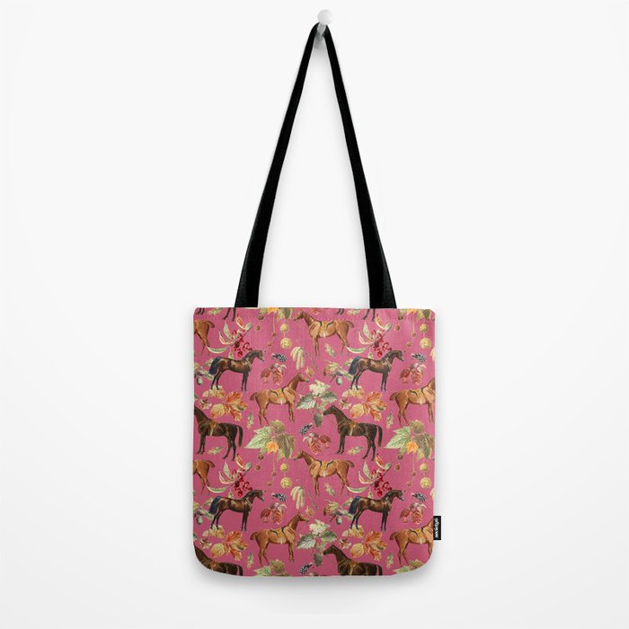 HORSES and Forest Plants on the Raspberry Pink Background  Tote Bag Gallery Image 2