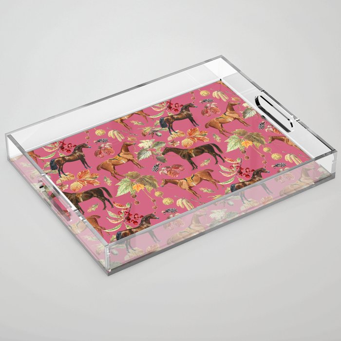 HORSES and Forest Plants on the Raspberry Pink Background  Acrylic Tray Gallery Image 1