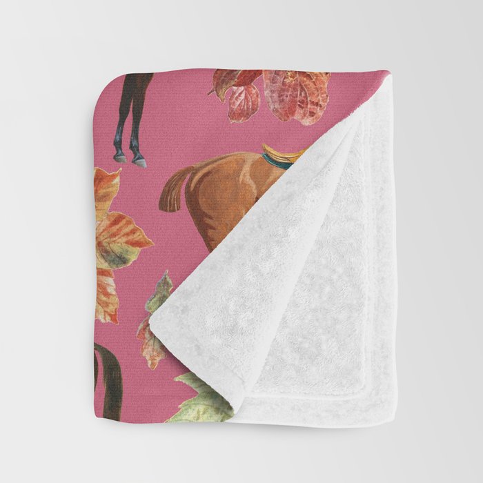 HORSES and Forest Plants on the Raspberry Pink Background  Throw Blanket Gallery Image 3