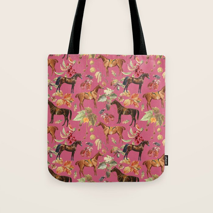 HORSES and Forest Plants on the Raspberry Pink Background  Tote Bag Gallery Image 1