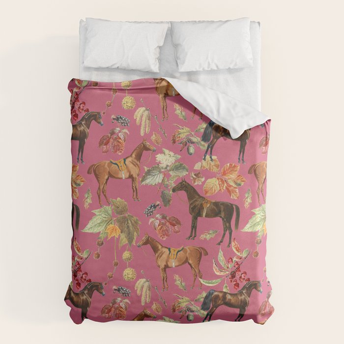 HORSES and Forest Plants on the Raspberry Pink Background  Duvet Cover Gallery Image 1