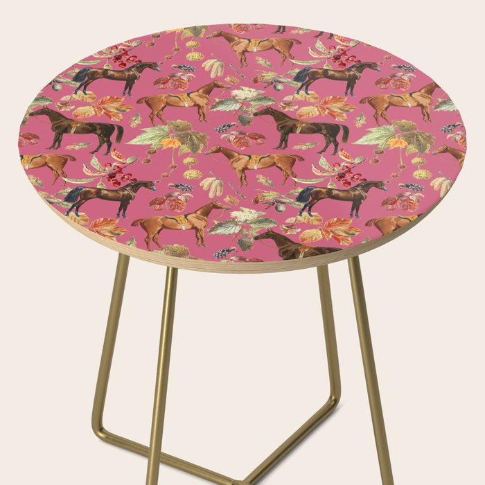 HORSES and Forest Plants on the Raspberry Pink Background  Side Table Gallery Image 2