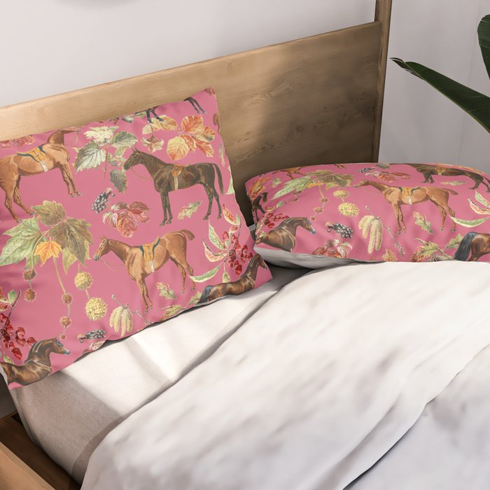 HORSES and Forest Plants on the Raspberry Pink Background  Pillow Sham Gallery Image 2
