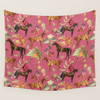 HORSES and Forest Plants on the Raspberry Pink Background  Wall Tapestry Gallery Image 4
