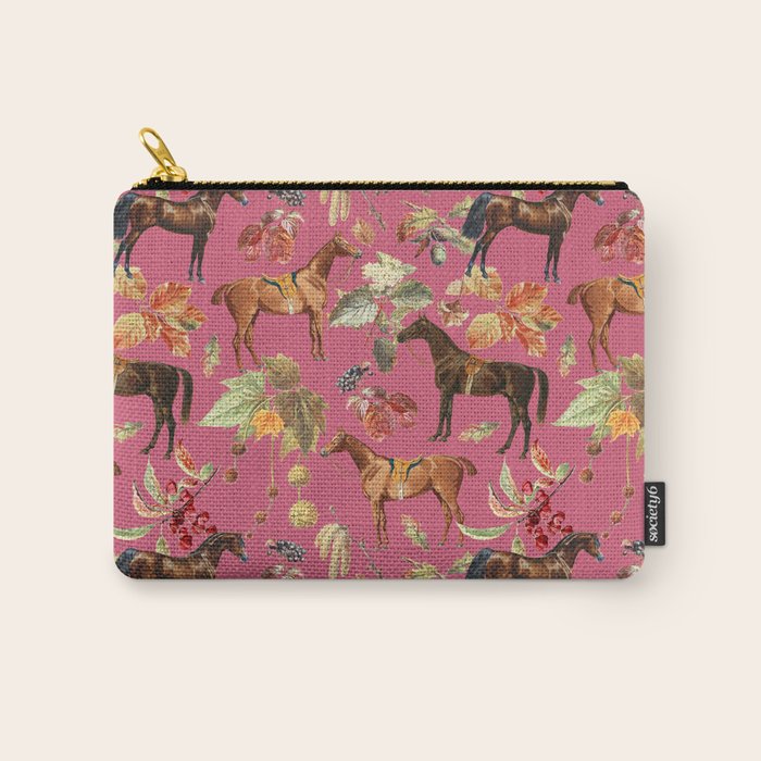 HORSES and Forest Plants on the Raspberry Pink Background  Carry All Pouch Gallery Image 1