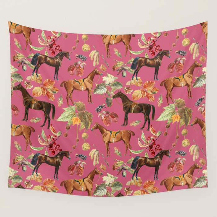 HORSES and Forest Plants on the Raspberry Pink Background  Wall Tapestry Gallery Image 1