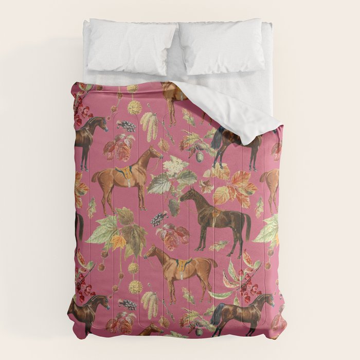 HORSES and Forest Plants on the Raspberry Pink Background  Comforter Gallery Image 6