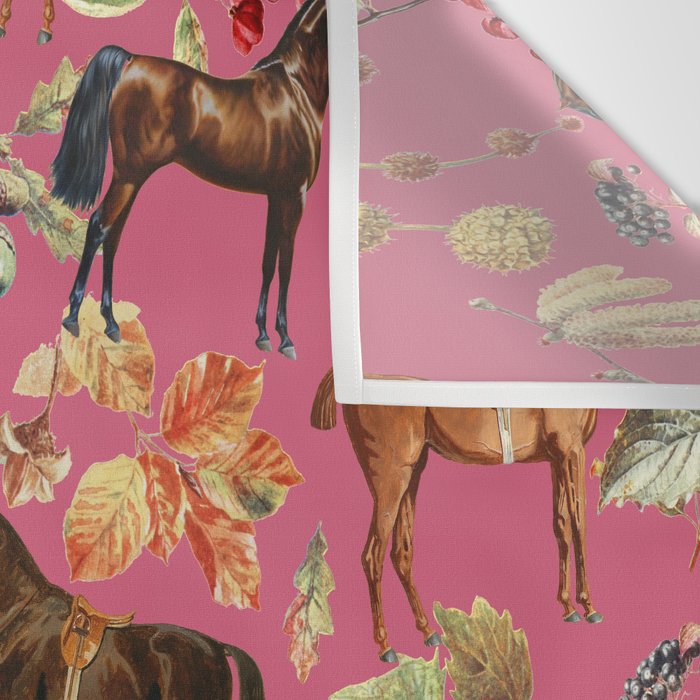 HORSES and Forest Plants on the Raspberry Pink Background  Wall Tapestry Gallery Image 3