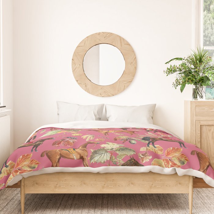 HORSES and Forest Plants on the Raspberry Pink Background  Duvet Cover Gallery Image 3