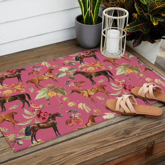 HORSES and Forest Plants on the Raspberry Pink Background  Outdoor Rug Gallery Image 2