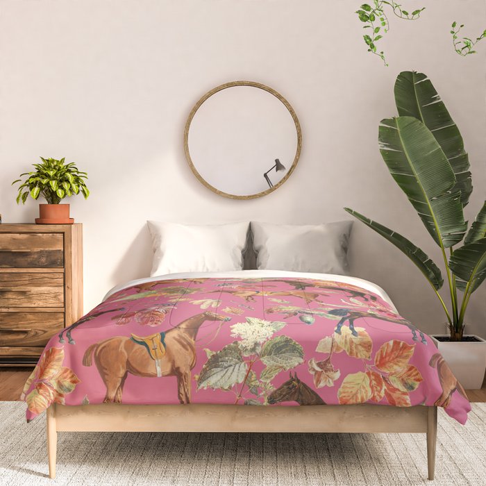 HORSES and Forest Plants on the Raspberry Pink Background  Comforter Gallery Image 3