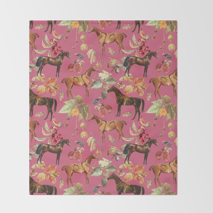HORSES and Forest Plants on the Raspberry Pink Background  Throw Blanket Gallery Image 2