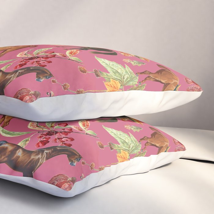 HORSES and Forest Plants on the Raspberry Pink Background  Pillow Sham Gallery Image 3