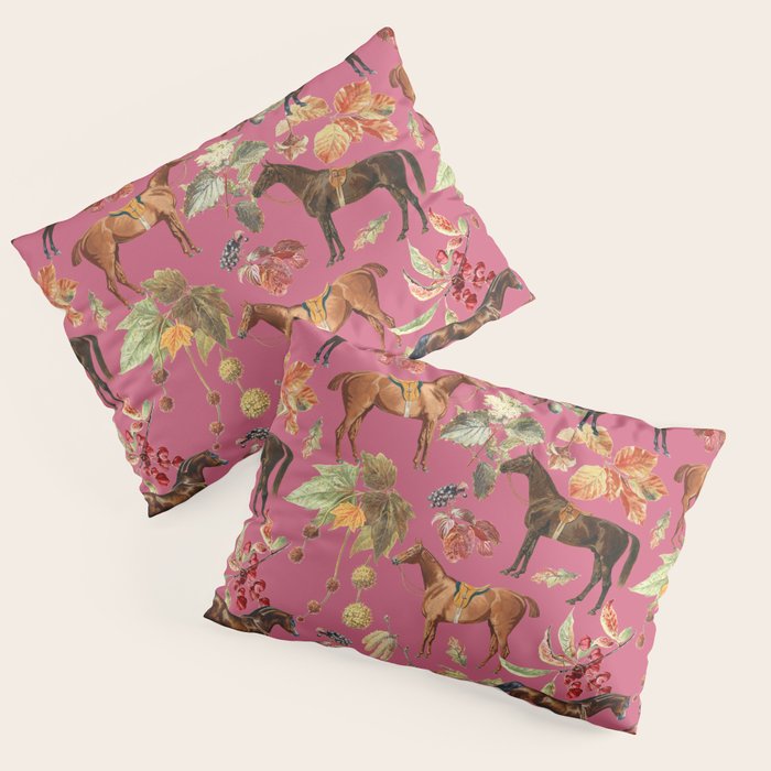 HORSES and Forest Plants on the Raspberry Pink Background  Pillow Sham Gallery Image 1