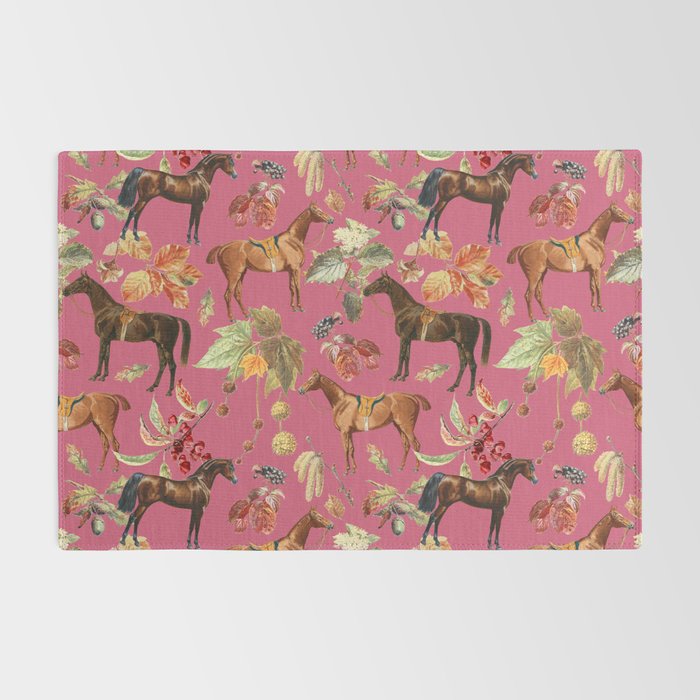 HORSES and Forest Plants on the Raspberry Pink Background  Rug Gallery Image 2