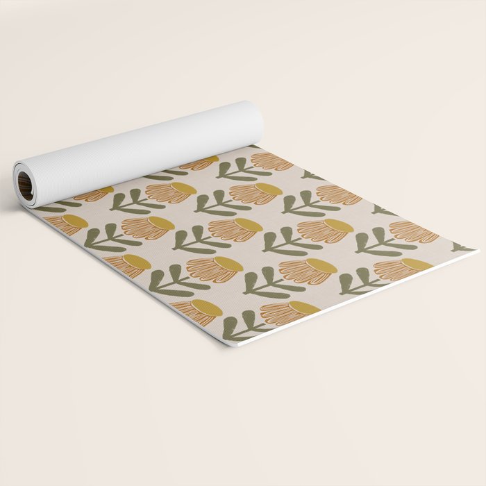 Retro Floral Mustard - Mid Century Modern Daisy Yoga Mat Gallery Image 2