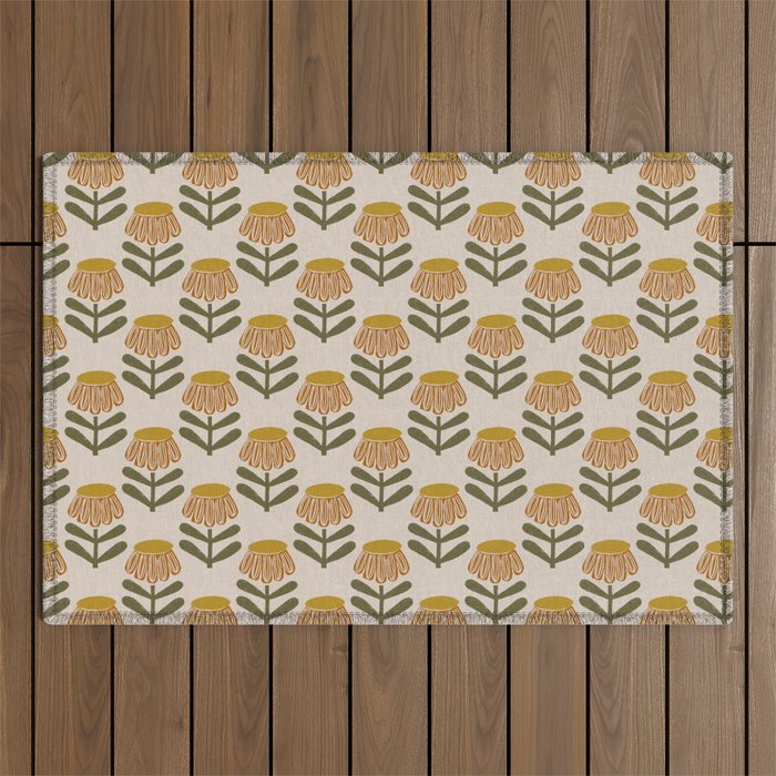 Retro Floral Mustard - Mid Century Modern Daisy Outdoor Rug Gallery Image 1