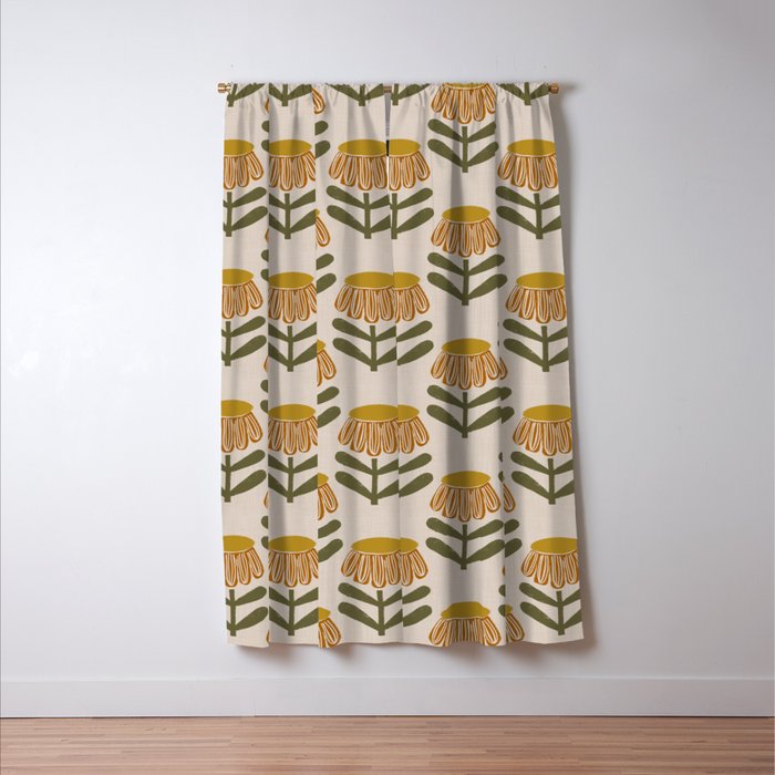 Retro Floral Mustard - Mid Century Modern Daisy Window Curtain Gallery Image 3