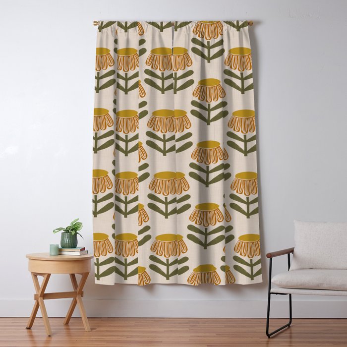 Retro Floral Mustard - Mid Century Modern Daisy Window Curtain Gallery Image 5