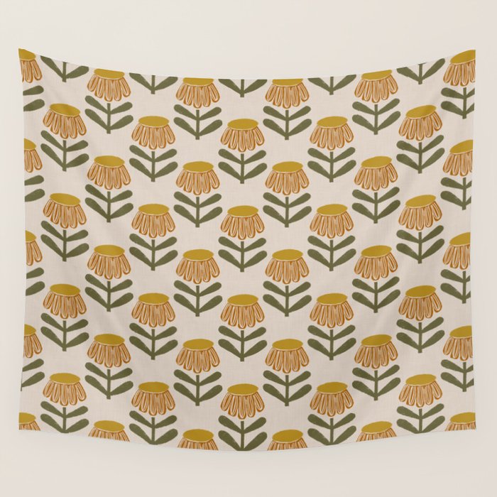 Retro Floral Mustard - Mid Century Modern Daisy Wall Tapestry Gallery Image 4