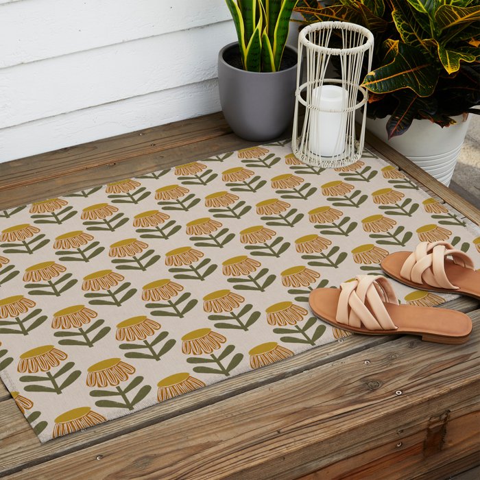 Retro Floral Mustard - Mid Century Modern Daisy Outdoor Rug Gallery Image 2