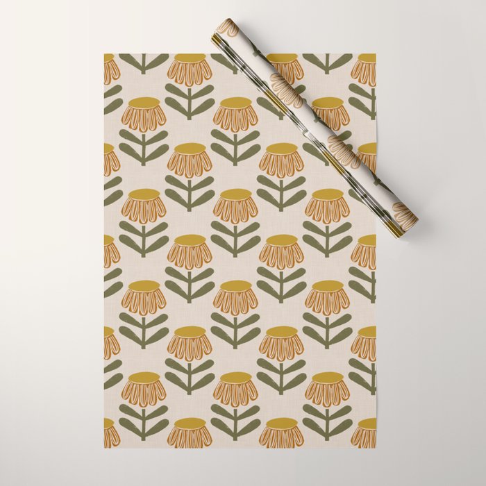 Retro Floral Mustard - Mid Century Modern Daisy Wrapping Paper Gallery Image 1