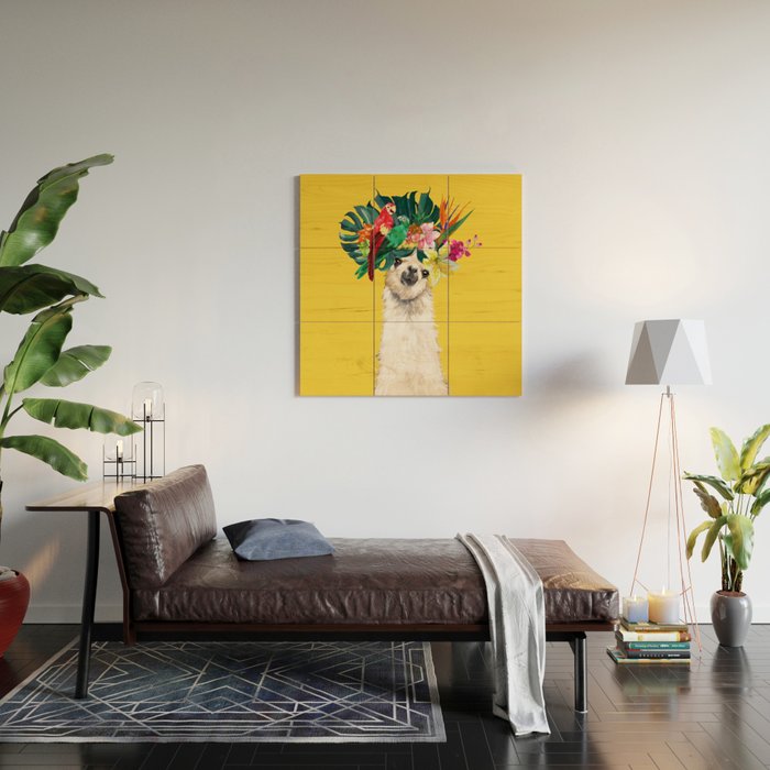 Aloha Hawaiian Llama in Yellow Wood Wall Art Gallery Image 2