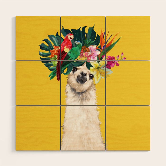 Aloha Hawaiian Llama in Yellow Wood Wall Art Gallery Image 1