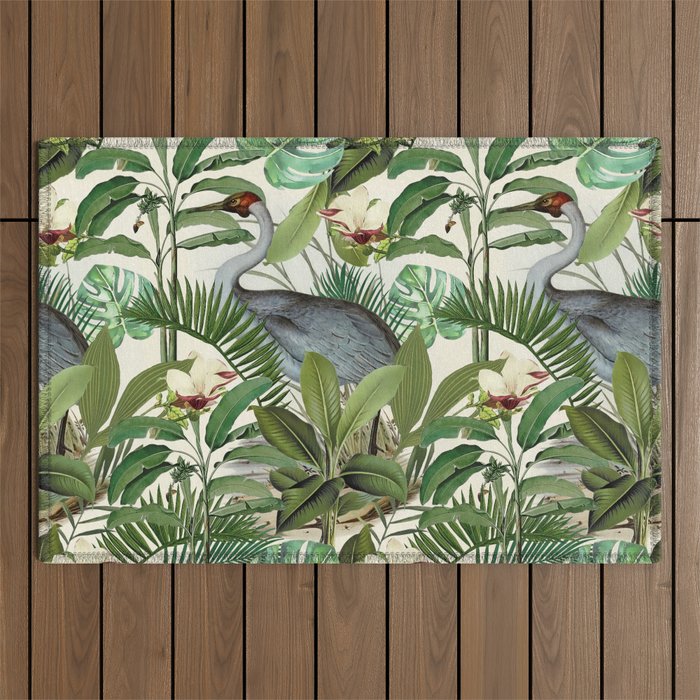 Tropical Heron Bird Rainforest Illustration Outdoor Rug Gallery Image 1